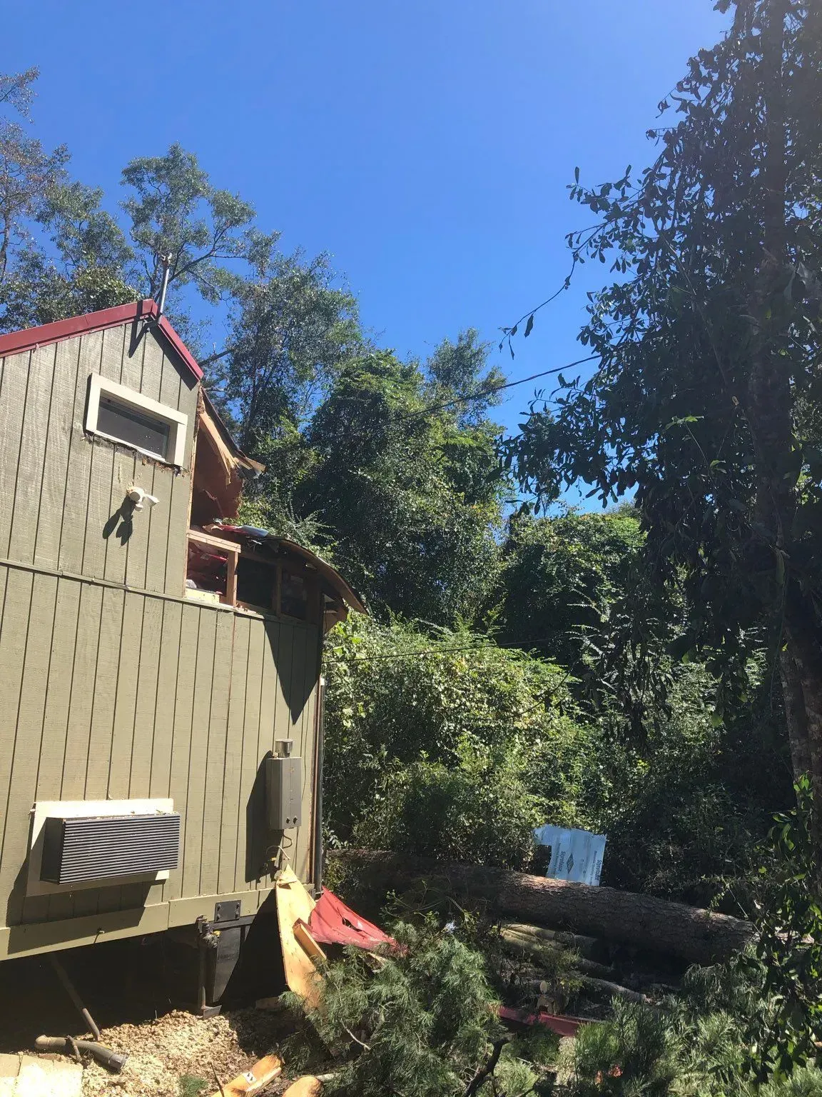 A two-story building with a damaged roof, surrounded by trees and a fallen tree trunk.