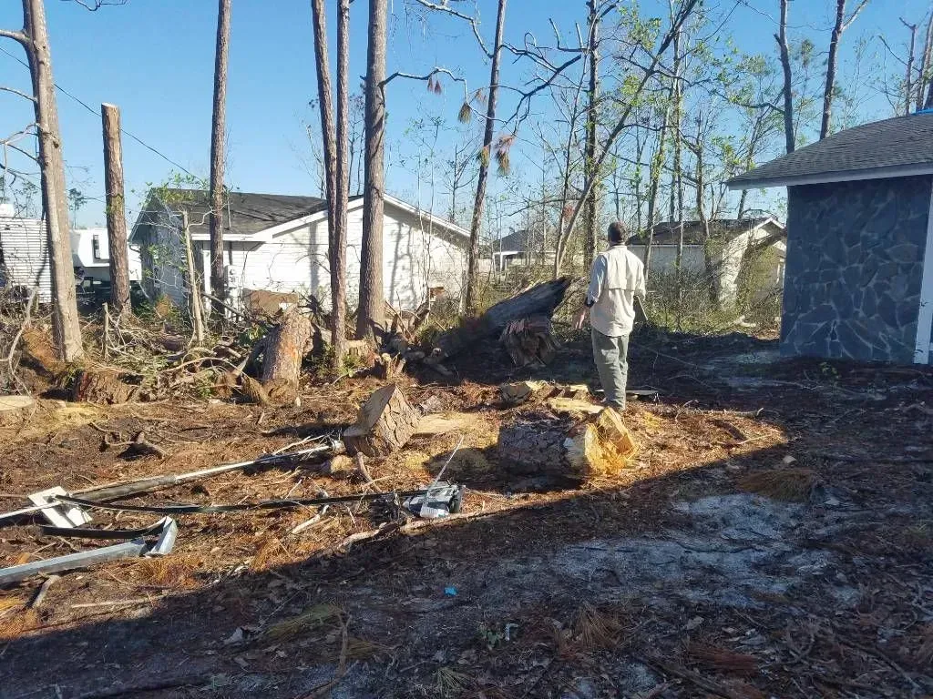 Man surveys debris-filled yard with fallen trees and damaged homes.