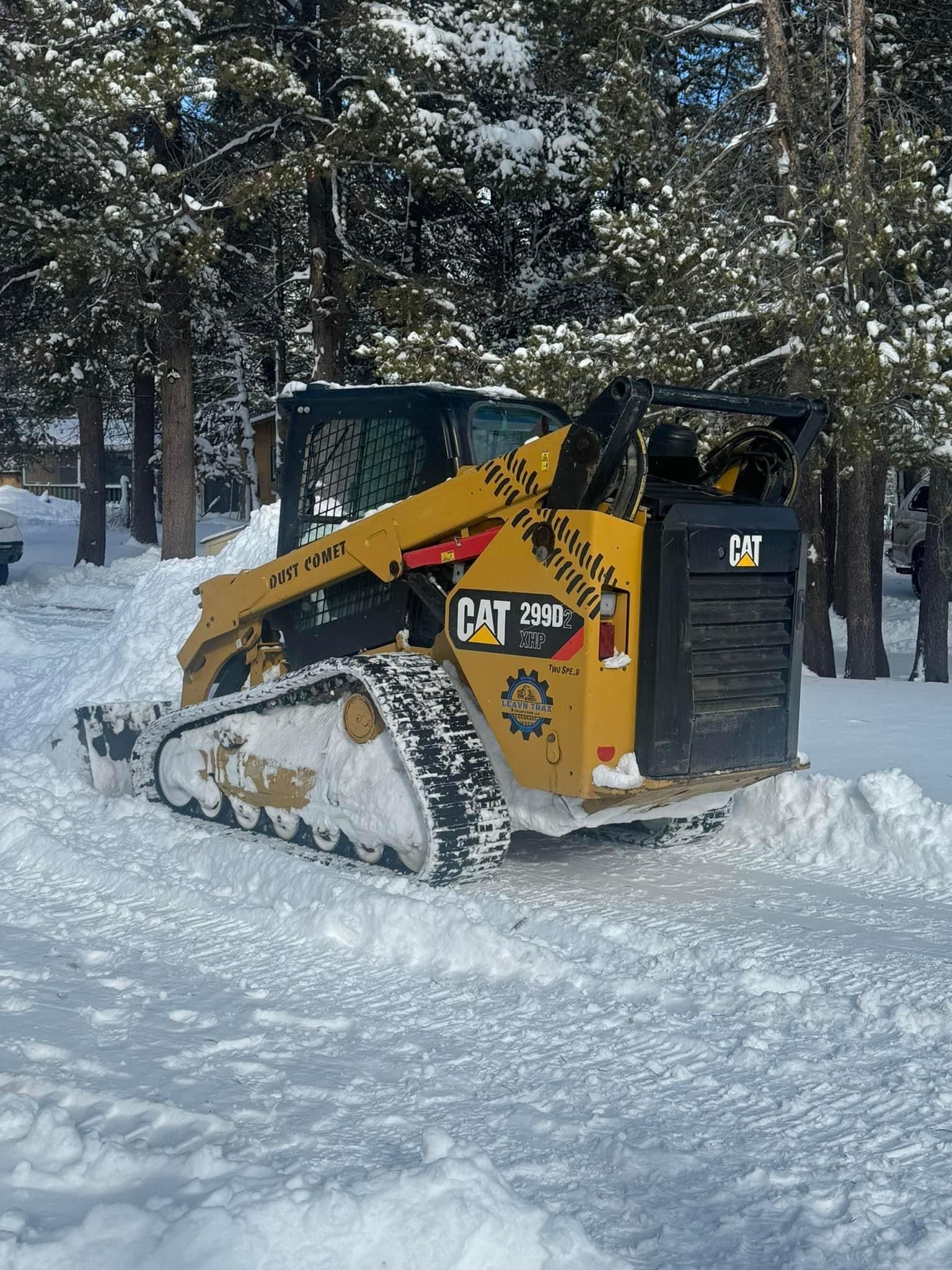 Yellow CAT track loader clearing snow in a wooded area