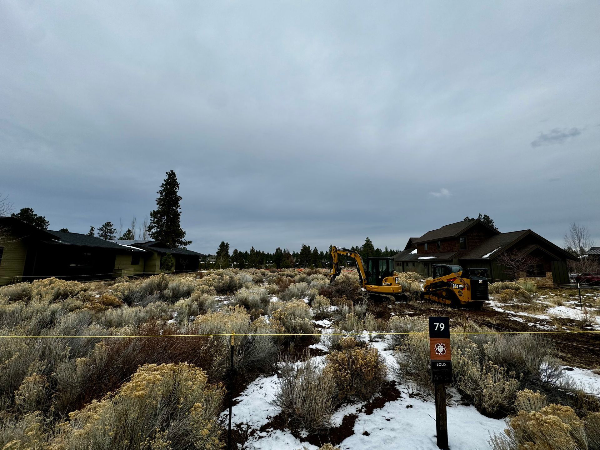 Dirt path through a frosty field under a gray cloudy sky, with rustic cabins and trees in the distance