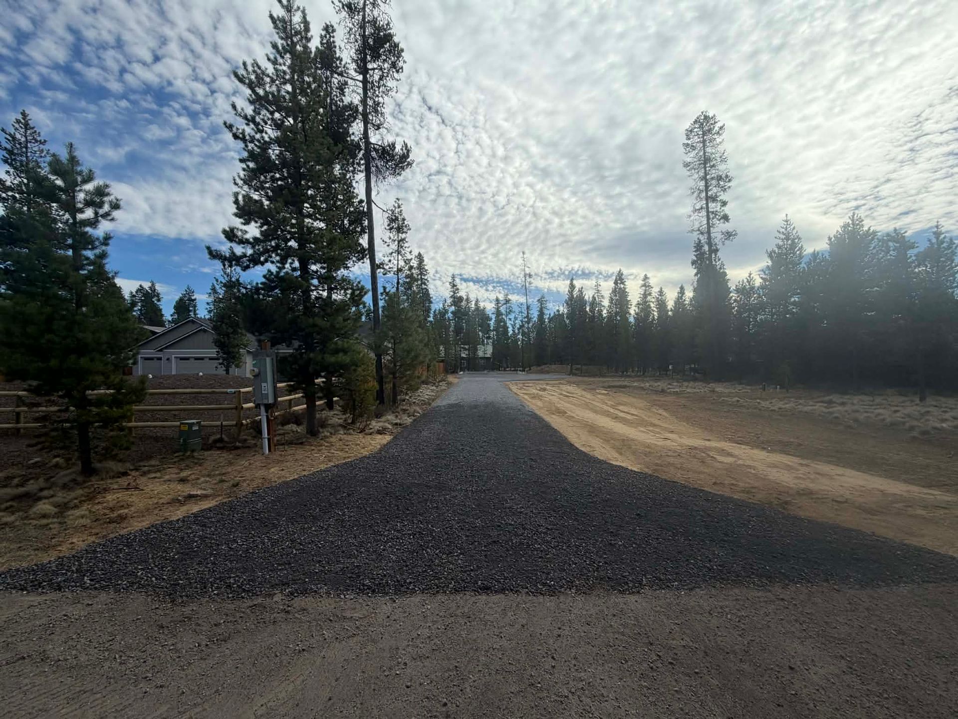 Gravel road through a pine forest under a cloudy sky, with a house on the left and open field on the right