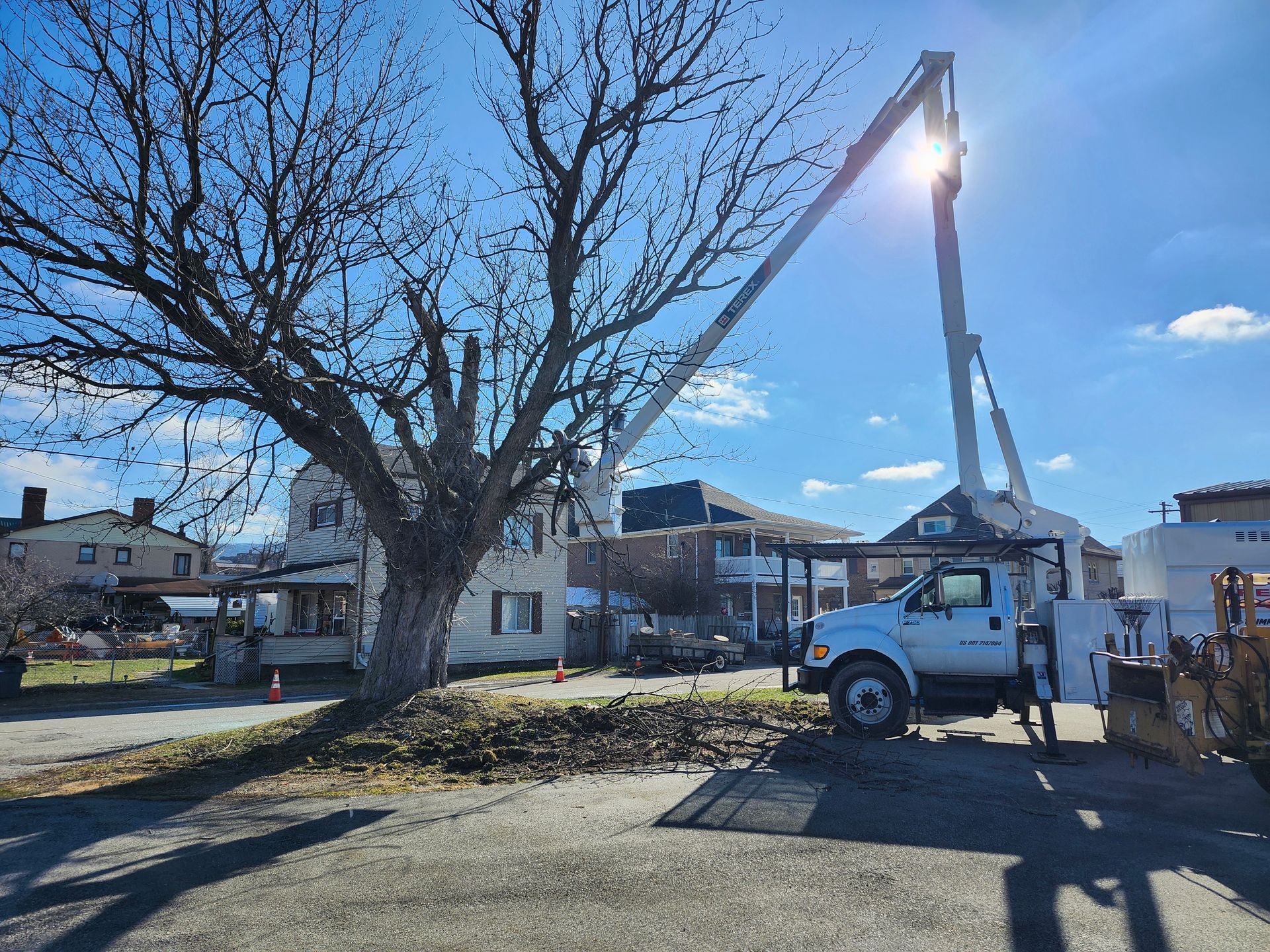 A white truck with a crane attached to it is parked in front of a tree.