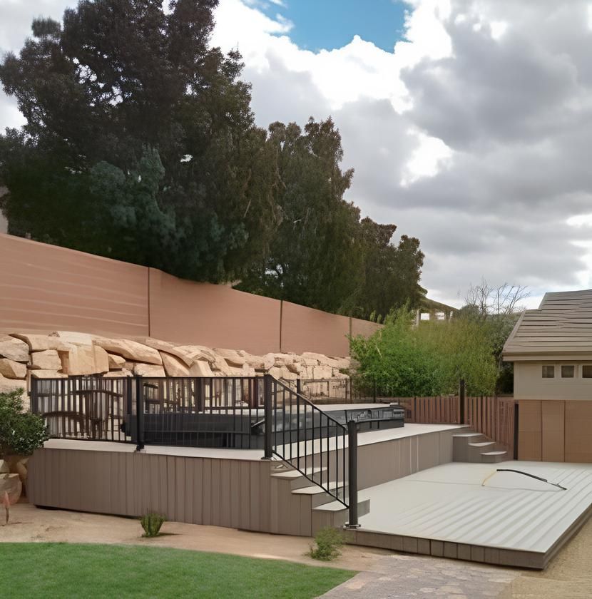 A large deck with stairs leading up to it