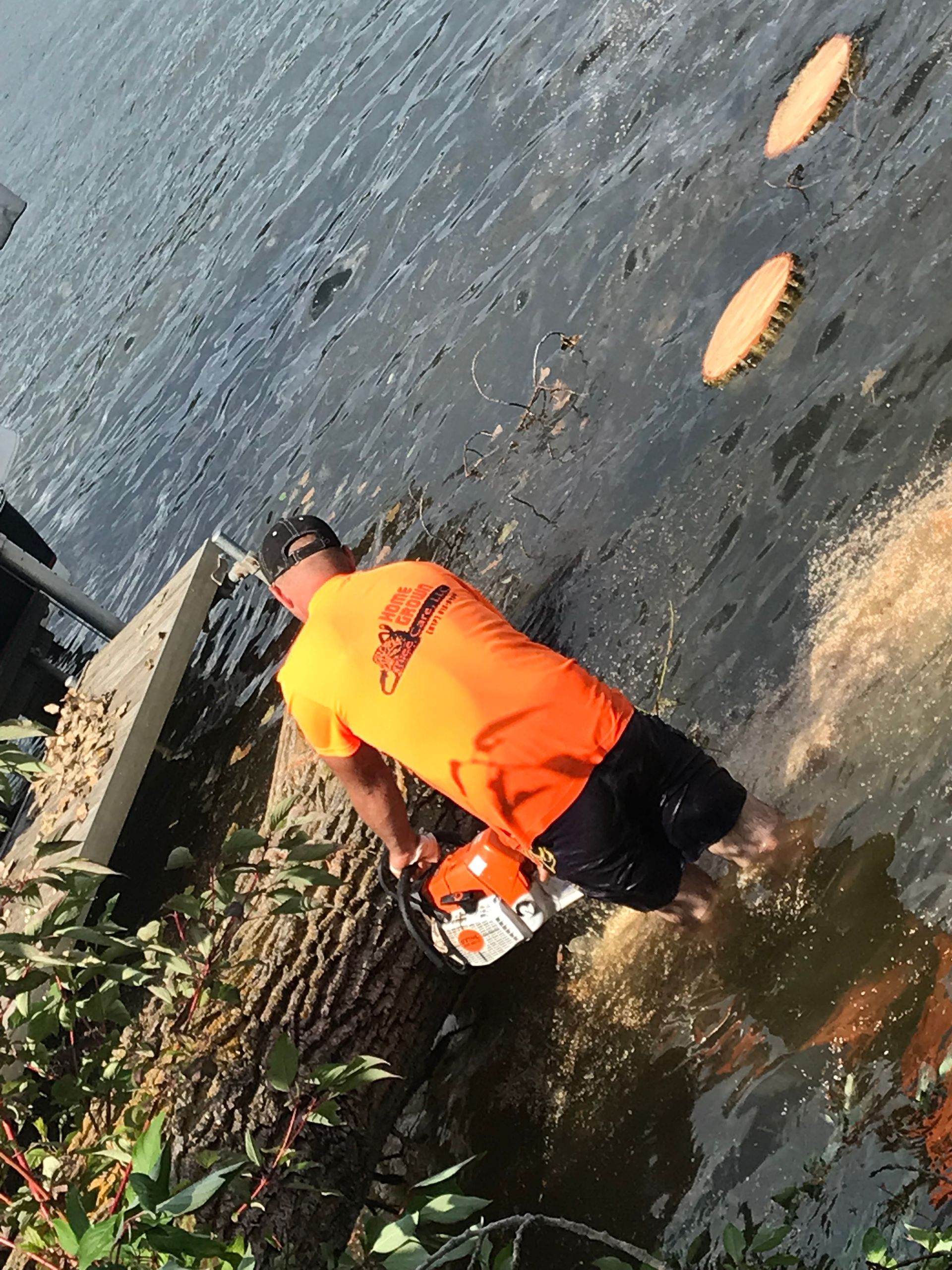 A man in an orange shirt is cutting a tree in the water