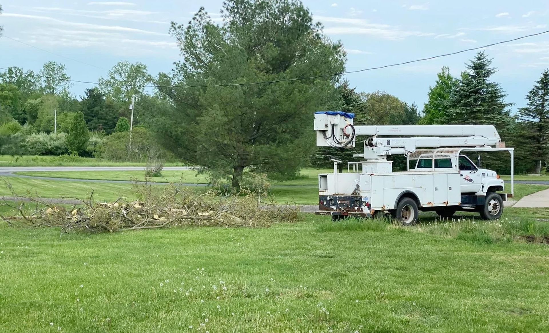 A white utility truck is parked in a grassy field.