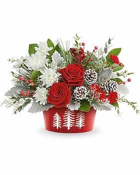 Christmas floral arrangement of red roses, white chrysanthemums, and pinecones in a red container with tree design.