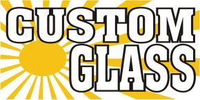 Custom Glass logo with black outlined text and a yellow sunburst icon on a white background