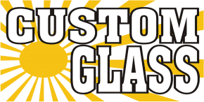 Custom Glass logo with bold white text and a yellow sun graphic