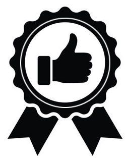 Black award badge with a thumbs-up icon and ribbon tails, symbolizing approval or quality.