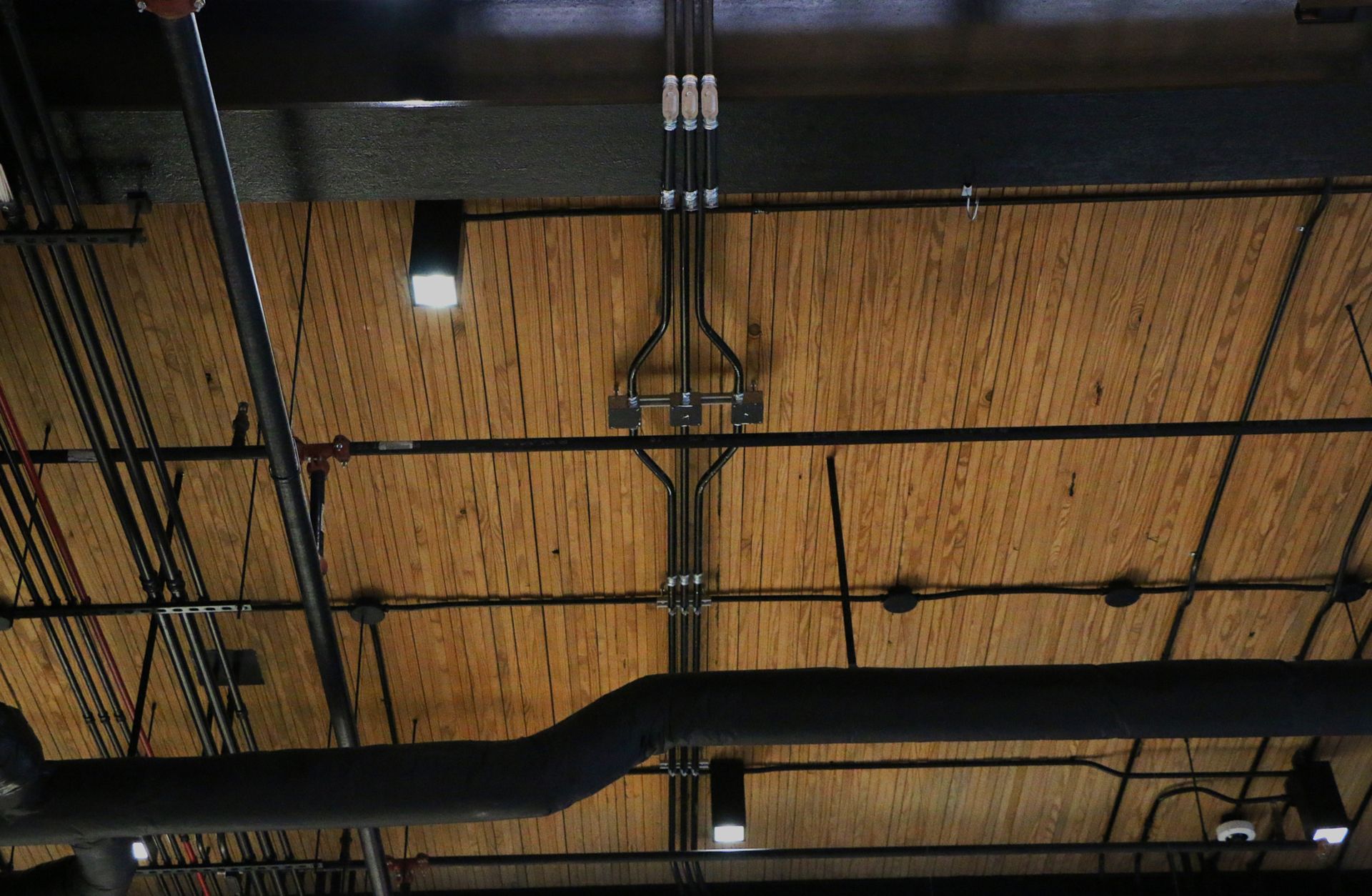 Wooden ceiling with black pipes, lights, and wiring.