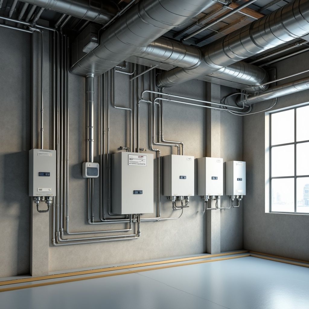 Industrial interior with pipes, electrical boxes, and a window. Gray walls and metallic ducts.