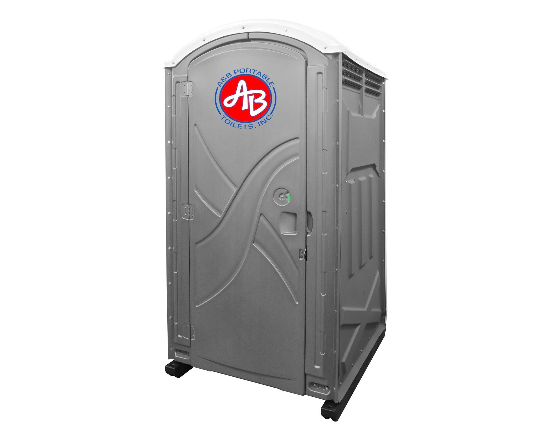 A gray portable toilet with a red ab logo on it.