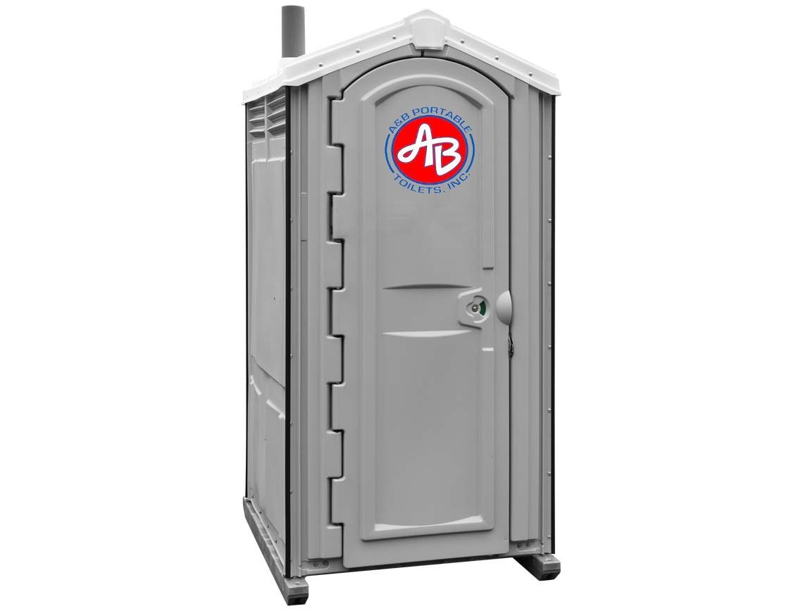 A gray portable toilet with a red ab logo on the door.