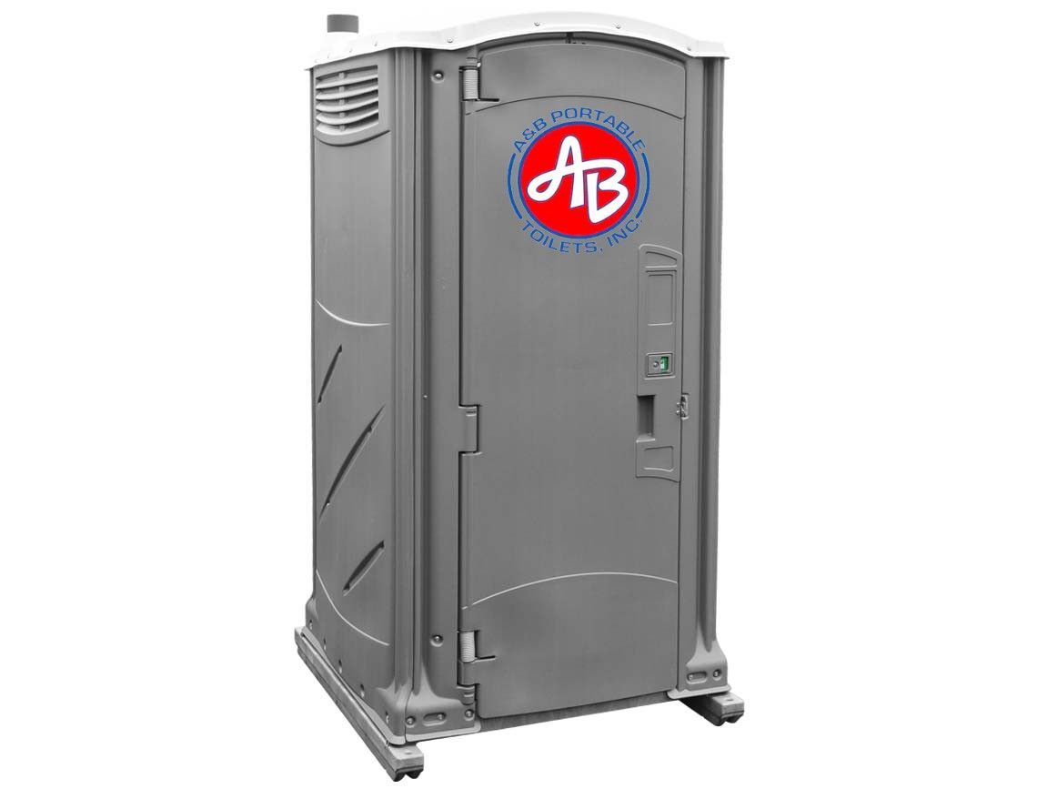 A grey portable toilet with a red ab logo on it.