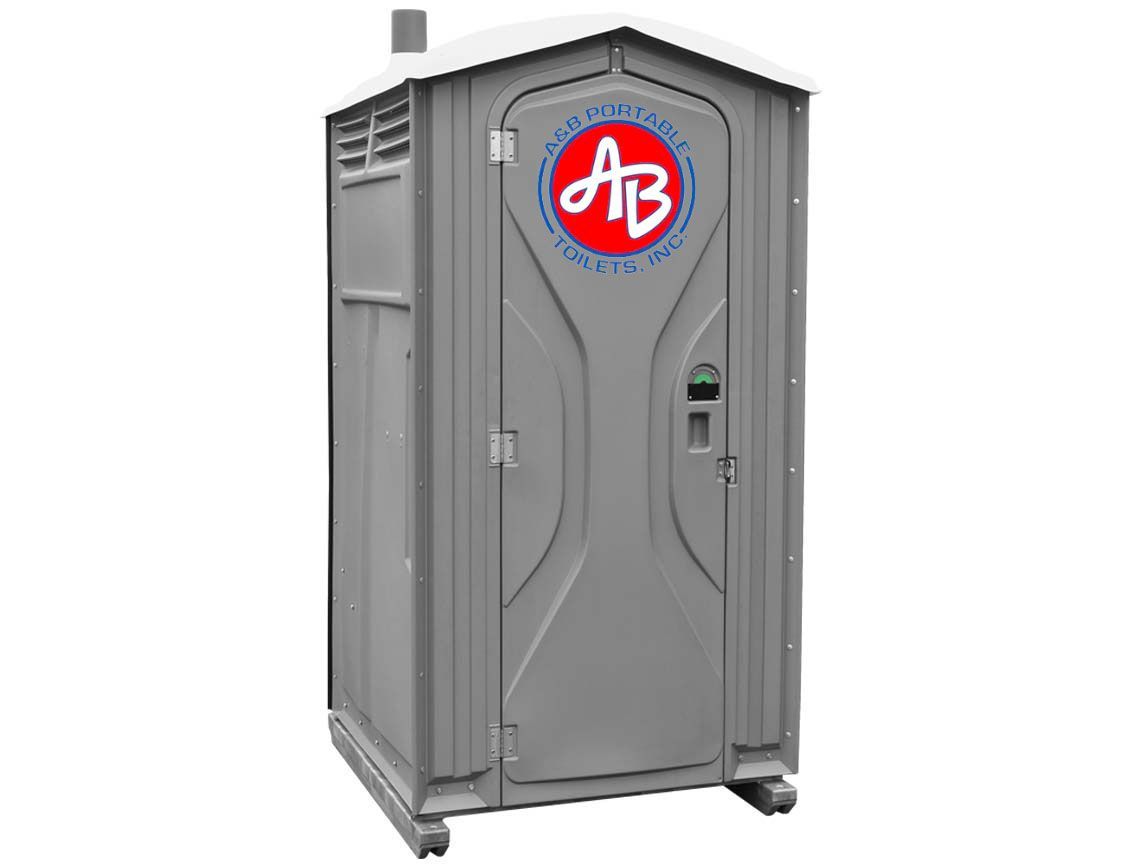 A grey portable toilet with a red ab logo on it.