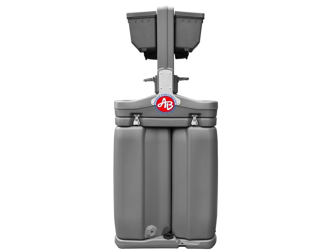 A portable toilet with a sink attached to it on a white background.