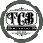 FCB Academy logo, black and white, ornate typography, circular design with green outer border.