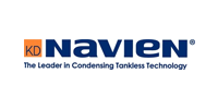 The logo for kd navien is the leader in condensing tankless technology.