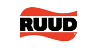 A red and black logo for a company called ruud.