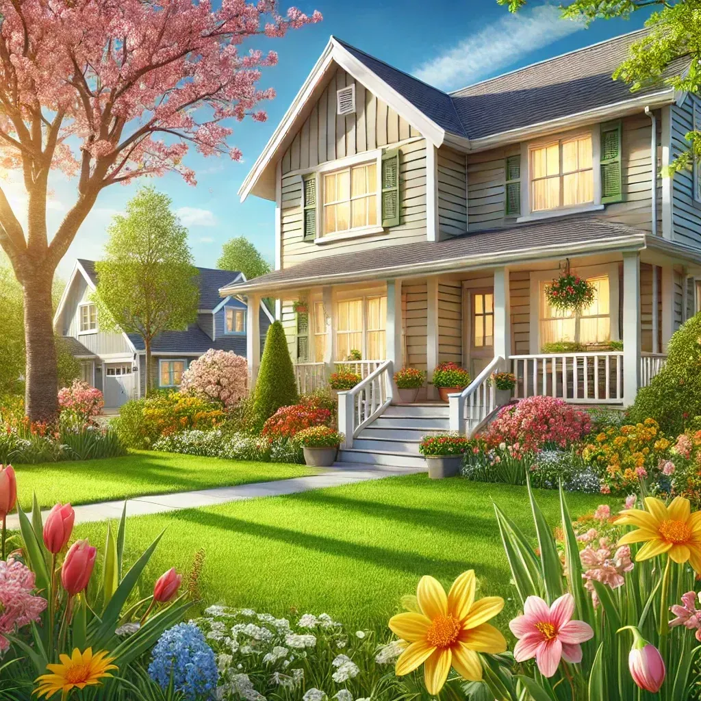 A two-story house with a vibrant garden in springtime. Pink and yellow flowers frame a green lawn and walkway.
