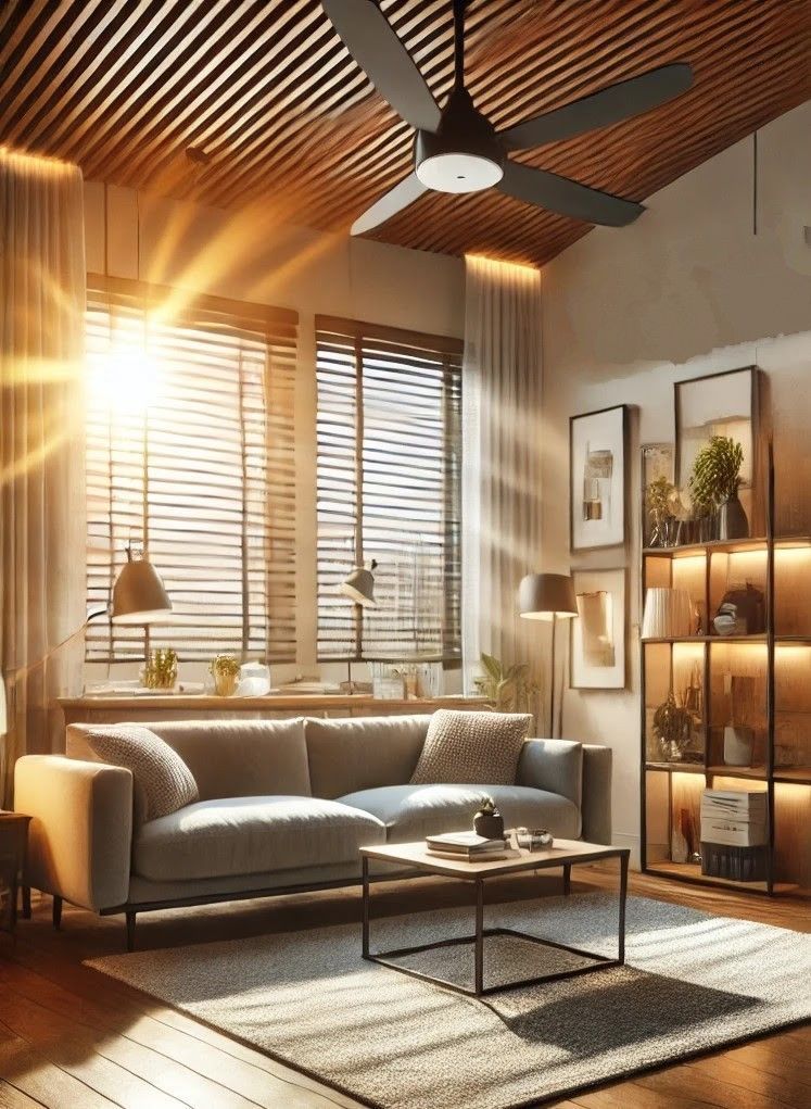 Sunlit living room with sofa, coffee table, and shelves. Natural light streams through blinds and ceiling fan.