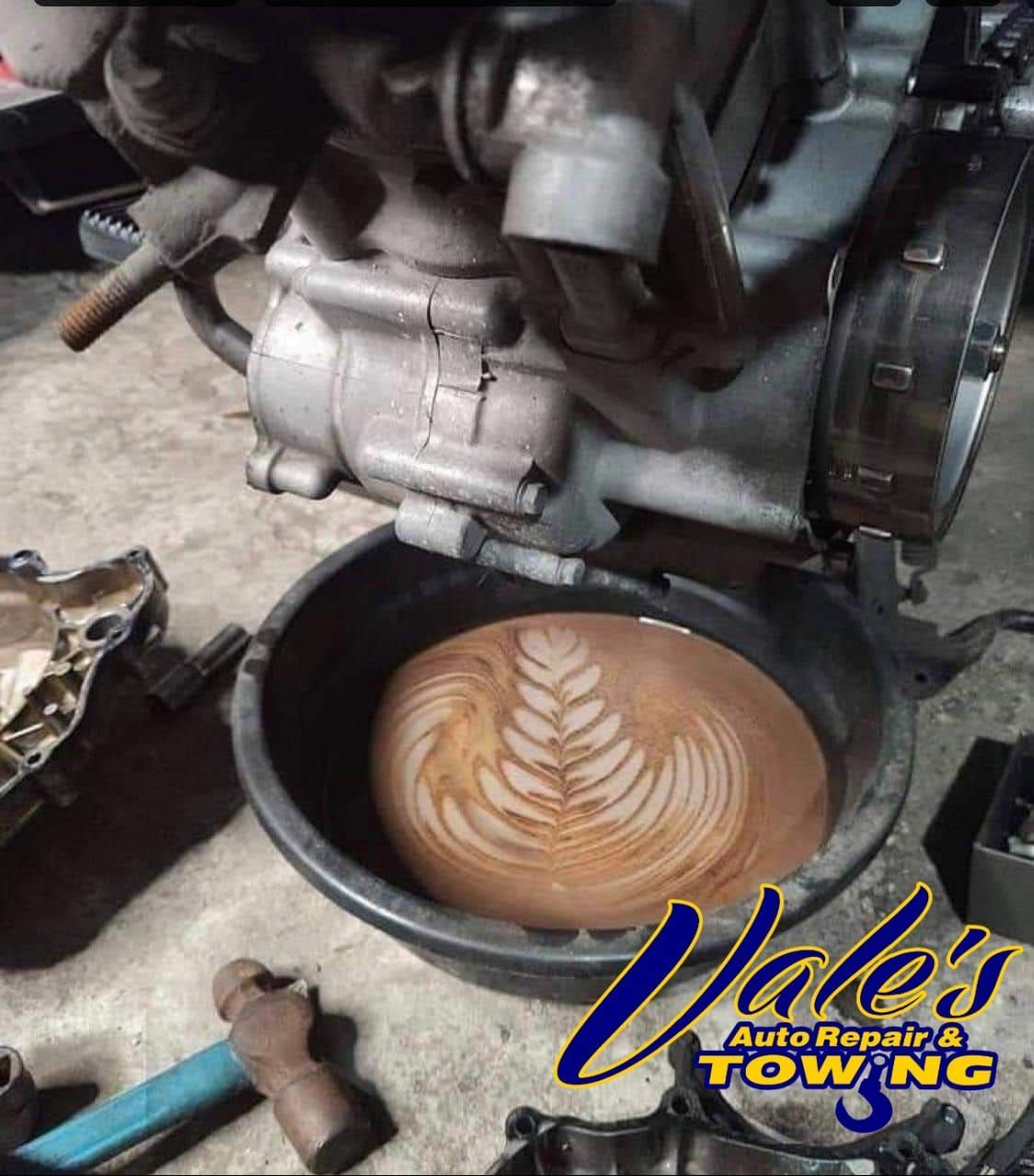 Engine part over a pan with latte art at Vale's Auto Repair & Towing.