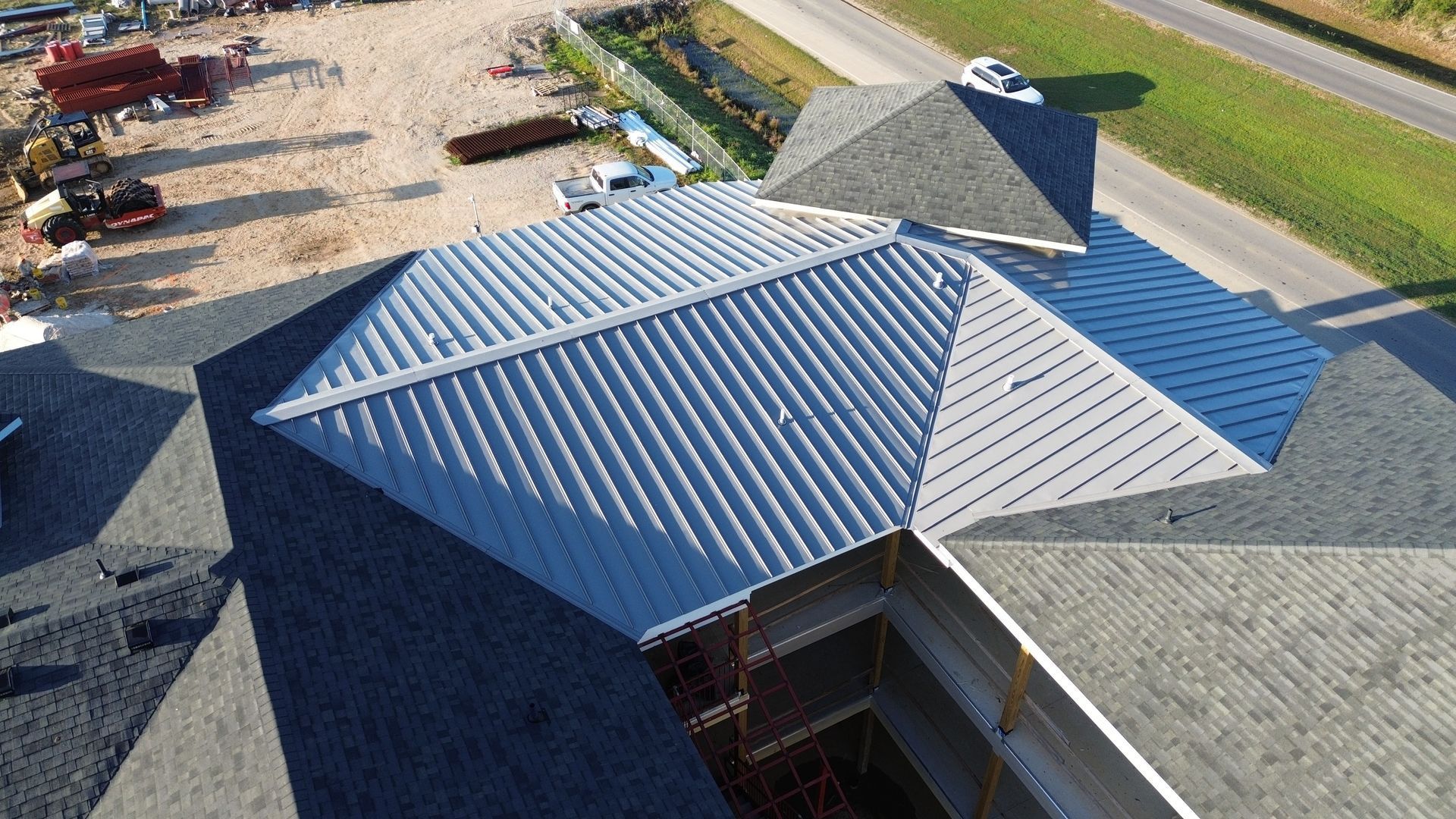 An aerial view of a roof of a building under construction.