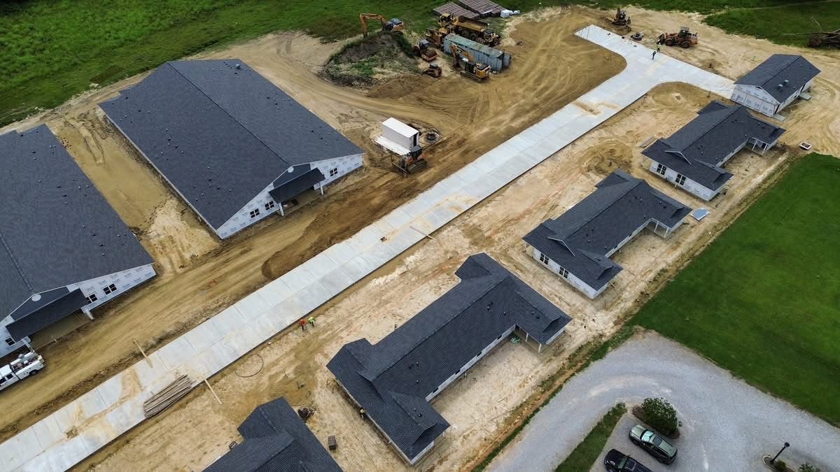 An aerial view of a residential neighborhood