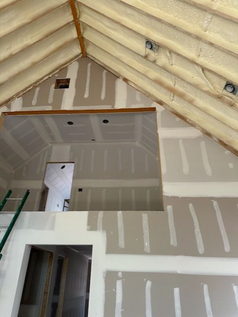 A room with a vaulted ceiling and a green ladder