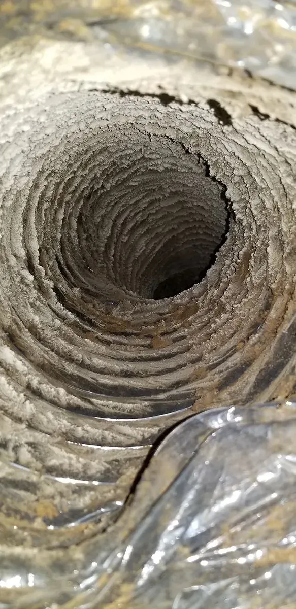Inside of a flexible, dusty HVAC duct. The interior shows spiral construction.