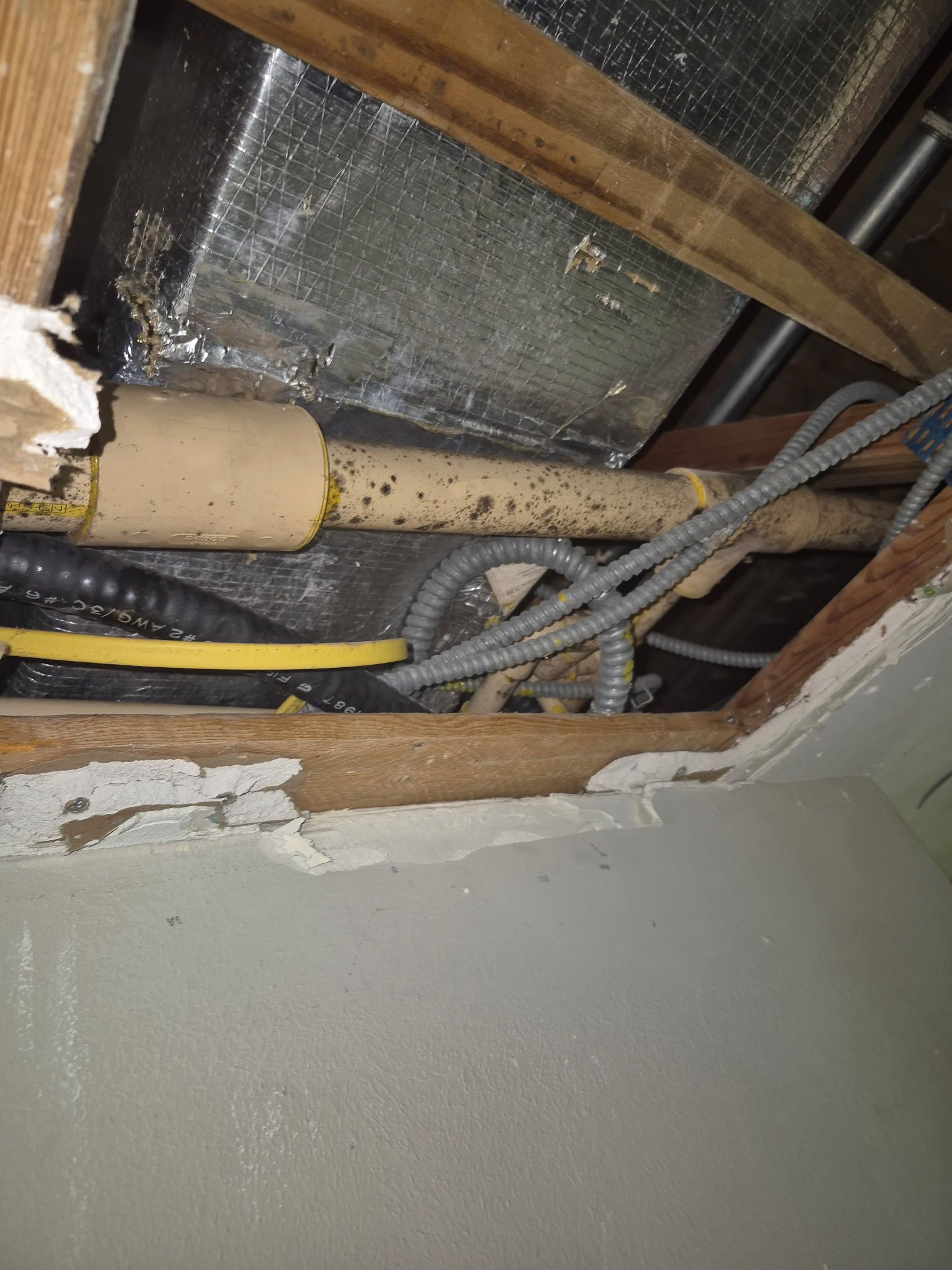 View from below a ceiling, showing wooden beams, ductwork, pipes, wiring, and peeling paint.