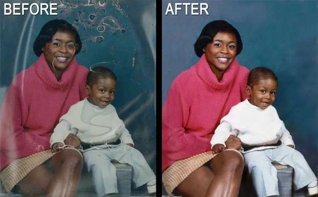 Restored photo: Woman and child smiling, posed together; pink sweater, white sweater, blue background.