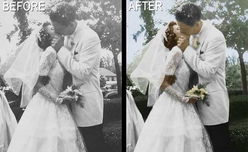 Before and after colorized wedding photo: couple kissing, bride in white dress and veil, groom in white suit.