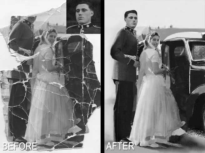 Restored black and white wedding photo. Groom in uniform helps bride from a car, smiles. Before/after comparison.