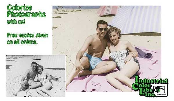 A colorized beach photo with a couple in swimsuits; adjacent black and white photo; ad for colorization services.