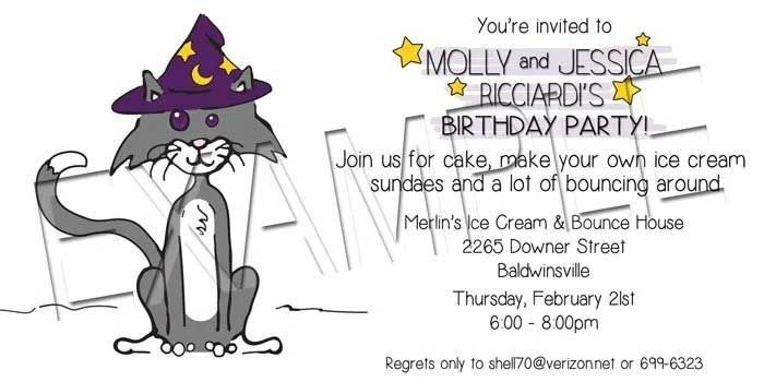 A birthday party invitation featuring a cartoon cat wearing a wizard hat.