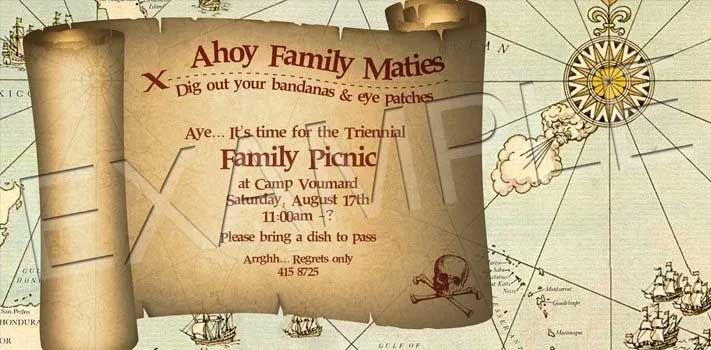 Pirate-themed invitation on a map background. Announces a family picnic at Camp Vinland.