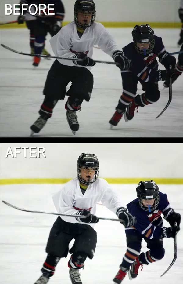 Hockey players on ice, competing. Before: dull colors, After: brighter, enhanced image.