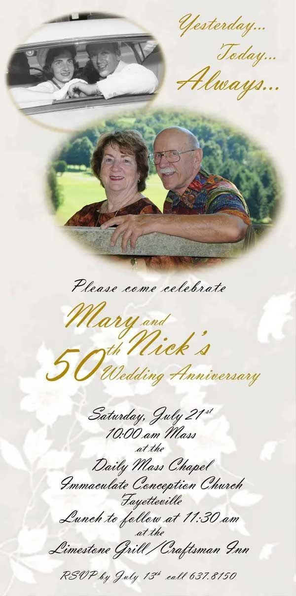 An anniversary invitation with photos of a couple. It reads 