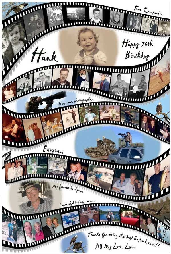 Birthday collage for Hank with filmstrip design; photos of Hank throughout his life; text 