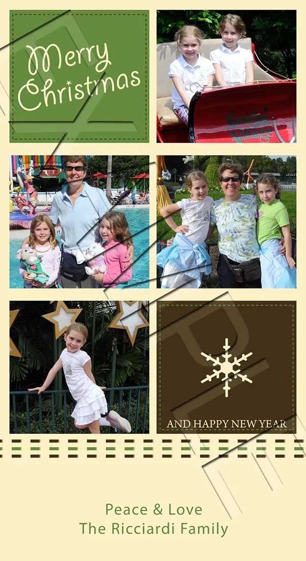 Christmas card with family photos. Children, adults posing, driving a cart, outdoors, festive colors, 