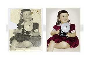 Before and after photo restoration; girl holding camera, wearing red dress, smiles.