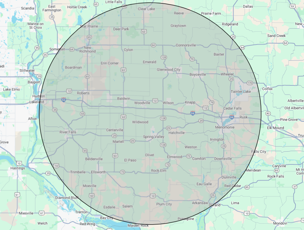 Map of central Minnesota with a circular overlay.