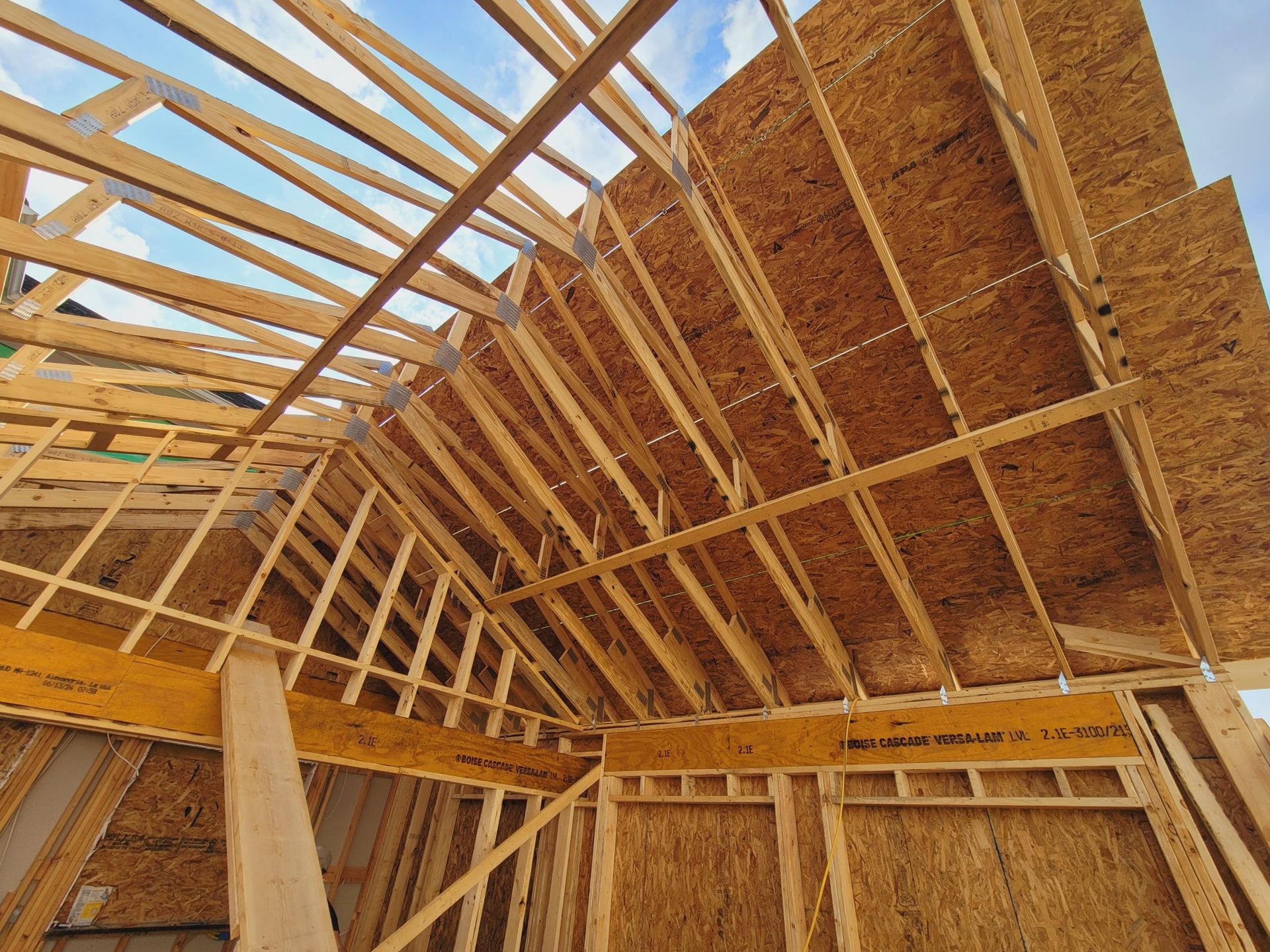 Looking up at the ceiling of a house under construction.