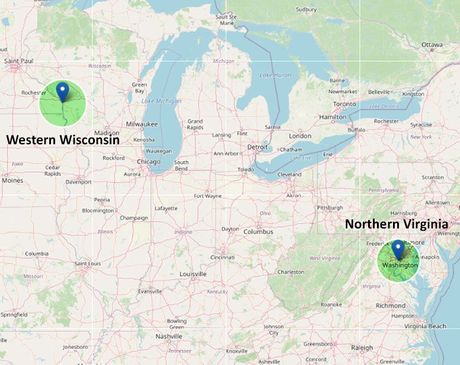 Map showing Western Wisconsin and Northern Virginia with blue location pins.