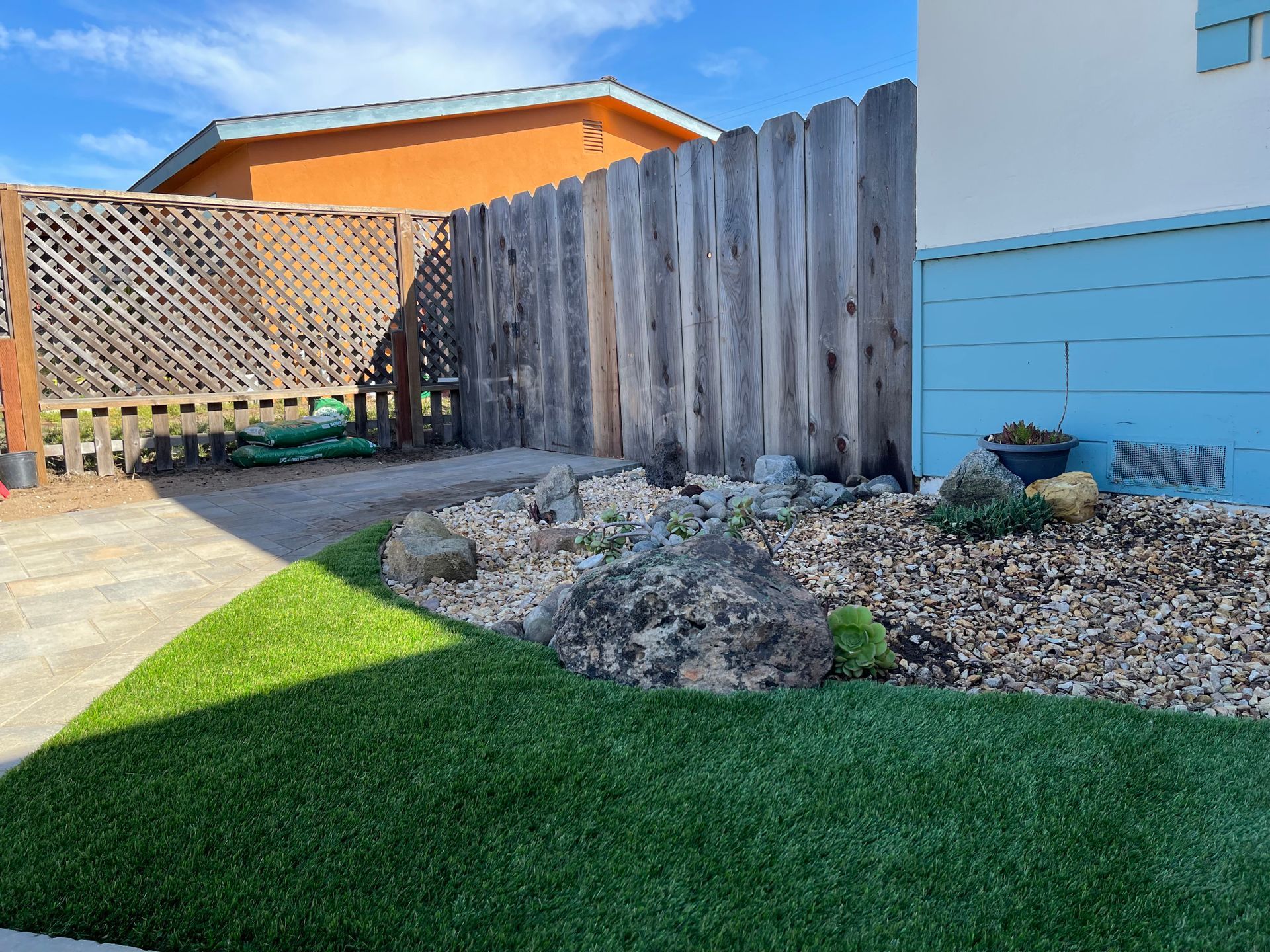 Pavers, Synthetic Turf & Rock Garden