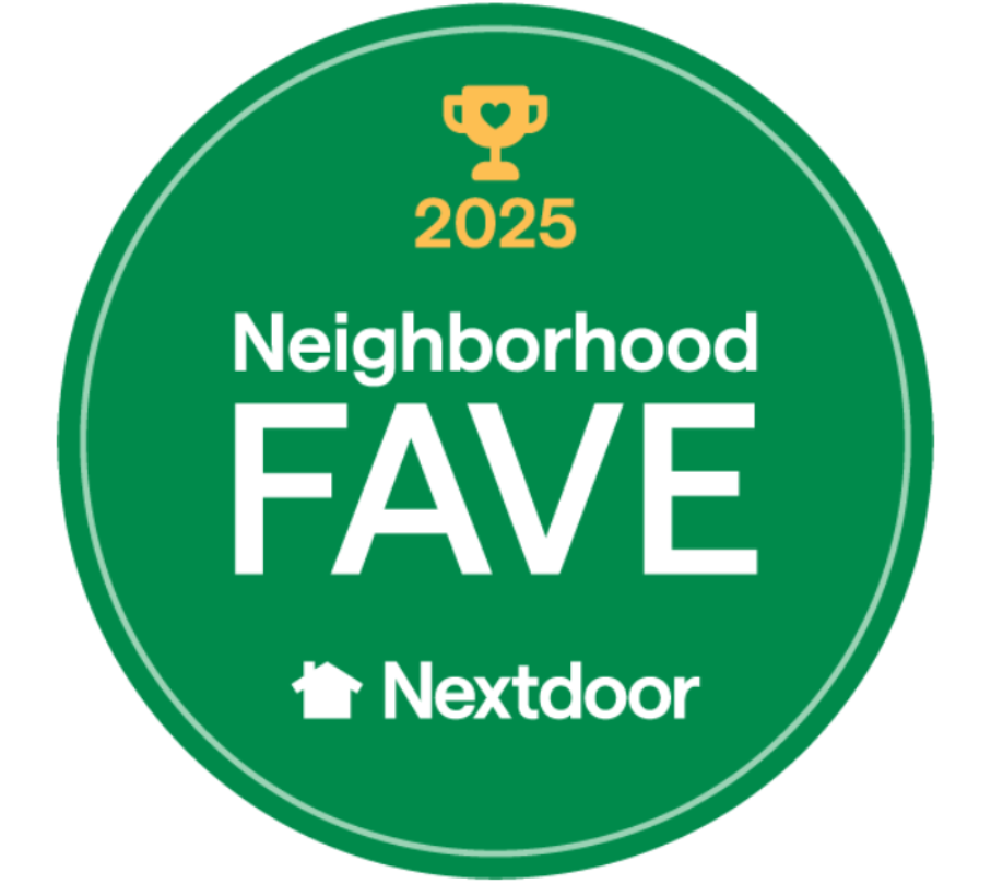 Green circular 2025 Neighborhood FAVE Nextdoor award badge with trophy icon and white text