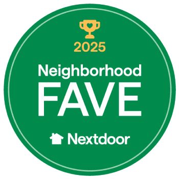 Green circular 2025 Neighborhood FAVE Nextdoor badge with a gold trophy icon