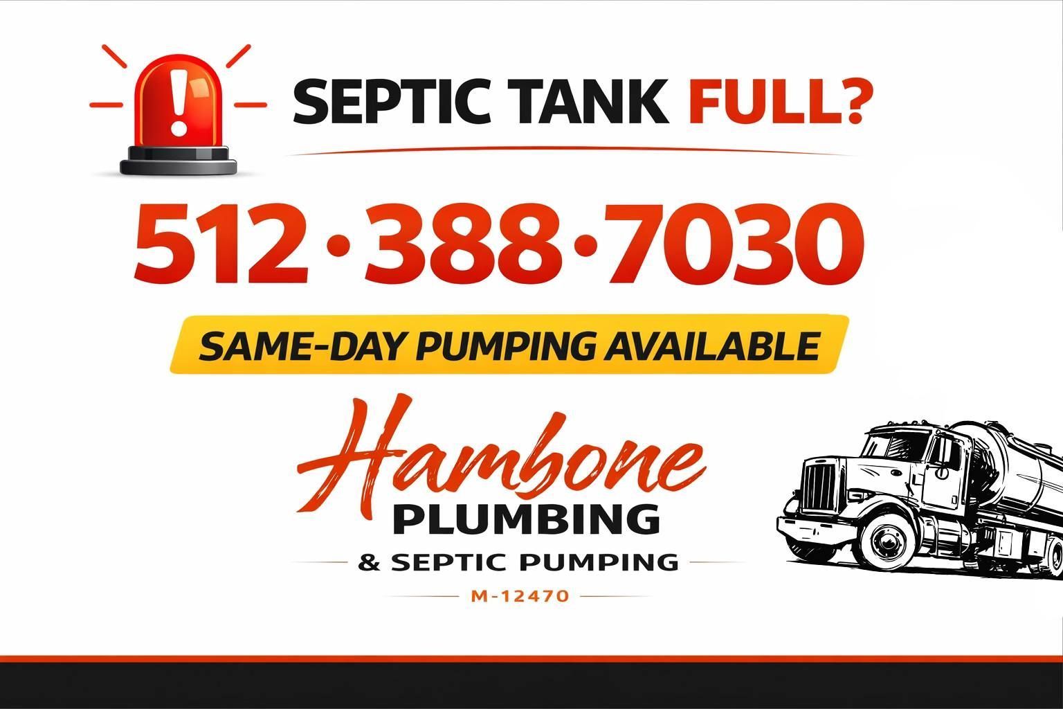 Septic tank pumping ad with phone number 512-388-7030 and same-day service, Hembone Plumbing logo, truck illustration