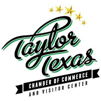 Taylor Texas Chamber of Commerce and Visitor Center logo with green script and gold stars